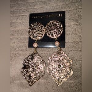 Gold Filigree Drop Earrings with Pearl Accent
